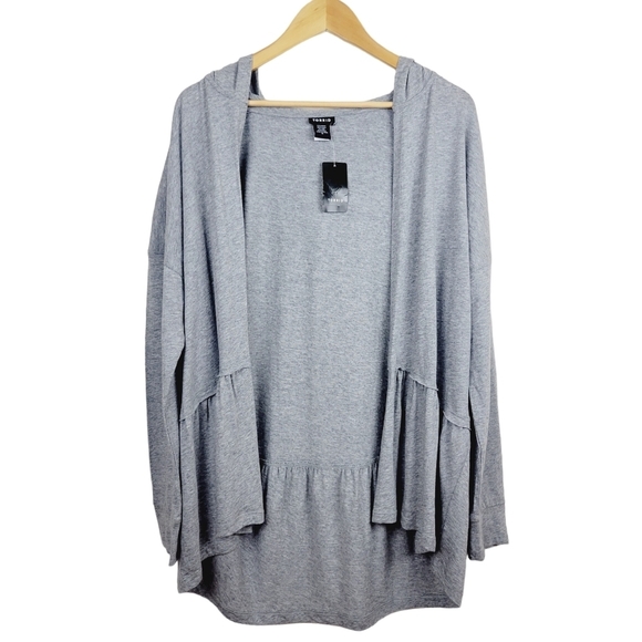 Torrid Gray Hooded Draped Cardigan Size 0X Open Front Ruffled Lightweight Lounge - Picture 4 of 12